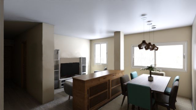 Vista de la sala de estar y comedor. Sala de estar luminosa con muebles modernos y una mesa de comedor.