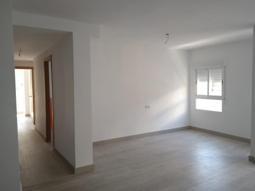 Acceso abierto al pasillo Sala amplia y luminosa con paredes blancas y suelos claros, acceso a un pasillo.