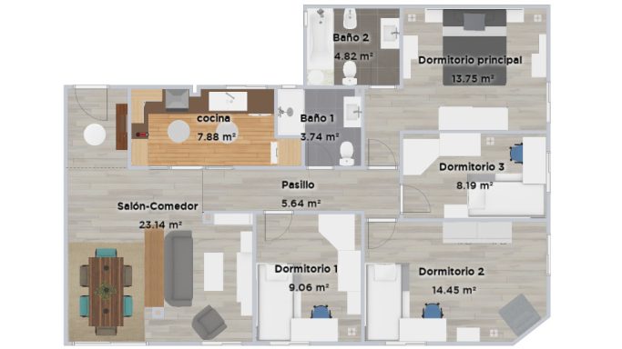 Plano de vivienda reformada Plano de una vivienda con diferentes habitaciones y espacios comunes etiquetados.