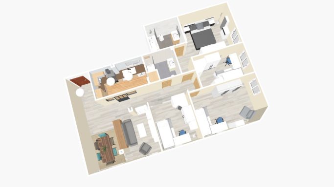 Plano 3D vivienda reformada Plano de un apartamento con sala, cocina, dos habitaciones y baño. Disposición abierta.