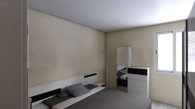 Vista de la habitación principal Habitación principal con paredes beige, cama y armario blanco.